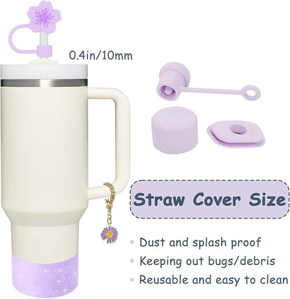 Stanley Cup Accessories Set for 40oz & 30oz Tumblers - Handle Strap, Spill-Proof Stopper, Silicone Straw Cover, Boot Base Protector, Keychain & Handle Charms(Purple)