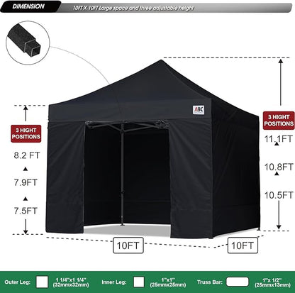 ABCCANOPY Heavy Duty Easy Pop up Canopy Tent with Sidewalls 10x10, Dull Black