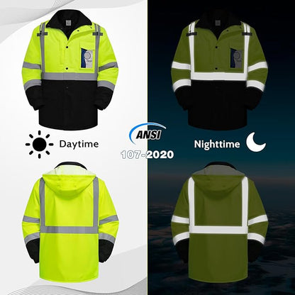 Reflective Jackets for Men, High Vis Safety Work Jacket with Pockets, Construction Coats for Cold Weather, Waterproof Rain Gear, Class 3, Yellow-Black Long, L