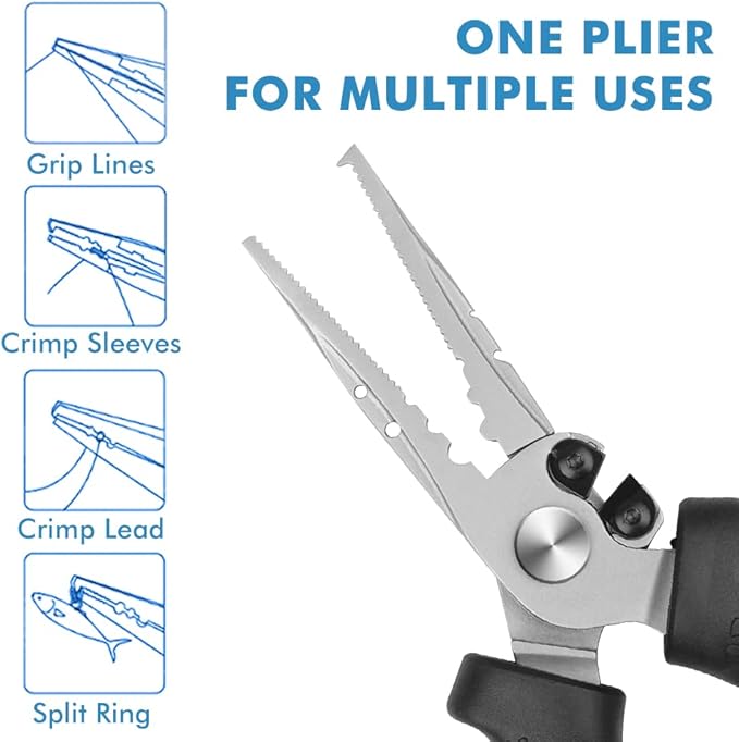 TRUSCEND Lockable Handy Fishing Pliers with Innovative Ergonomic Handle, Saltwater Corrosion Resistant Teflon Coated Fishing Tool, Multi-Function Fishing Gear with Mo-V Cutter