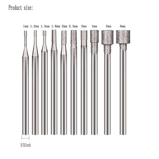 𝐋𝐮𝐨 𝐤𝐞 10 Pcs Hollow Cup Shape Diamond Burr Set, 3/32 Inch Shank Stone Carving Bits for Rotary Tools