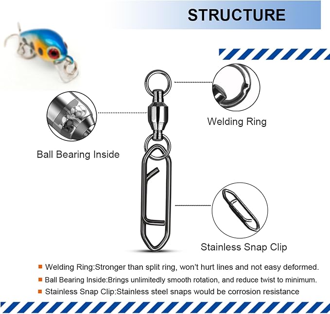 Atibin Snap Connector Fishing Swivels Stainless Bearing Ball Snap Swivels Steel Quick Change Fishing Clips Swivel Black Nickel