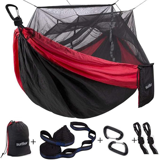 Sunyear Camping Hammock, Portable Single & Double Hammock with Net, 2 Person Hammock Tent with 2 * 10ft Straps, Best for Outdoor Hiking Survival Travel