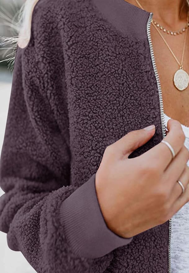 MIROL Women's Fall Trendy Fleece Jacket Faux Sherpa Fuzzy Casual Long Sleeve Zip Up Loose Fit Bomber Winter Coat