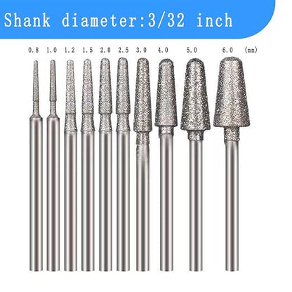 𝐋𝐮𝐨 𝐤𝐞 10 Pcs Ball Nosed Cone Shape Diamond Burr, 3/32'' Shank Stone Carving Bits Rock Setting Burs for Rotary Tools