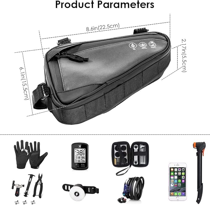 WOTOW Bike Frame Storage Bag, Water Resistant Reflective Bicycle Triangle Bag with Two Side Pockets, Strap-On Under Seat Tool Accessories Pouch for Mountain Road Bike Trip (2L)