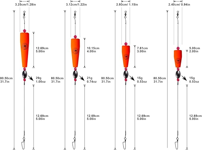 Fishing Floats Rigs Popping Corks for Saltwater Rattle Weighted Bobbers Fishing Tackle (4pcs, 2/3/4/5 in, Green/Yellow/Orange)