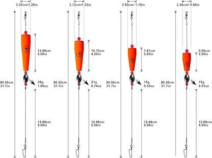 Fishing Floats Rigs Popping Corks for Saltwater Rattle Weighted Bobbers Fishing Tackle (4pcs, 2/3/4/5 in, Green/Yellow/Orange)