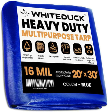 WHITEDUCK 20' x 30' Super Heavy Duty Poly Tarp Thick 16 Mil, Waterproof 100% UV Resistant Rip/Tear Proof Tarp w/Rustproof Grommets & Reinforced Edges (Blue,16 mil Finished Size: 19'6"x29'6")