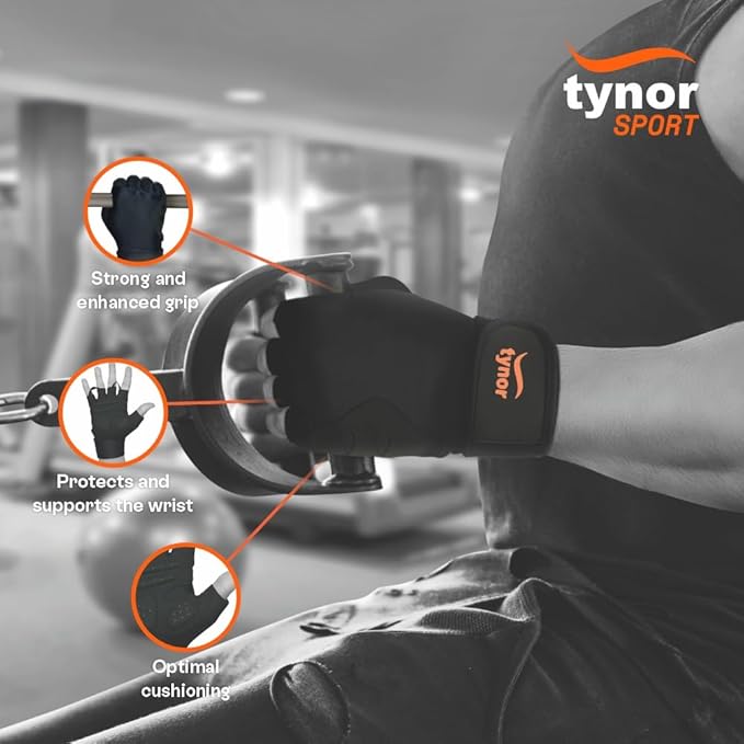 TYNOR Training Gym Gloves Padded Weight Lifting Gloves with Wrist Wrap Extra Grips Adjustable Full Palm Protection Fitness Fingerless Glove for Men & Women, Crossfit, Climbing,1 Pair