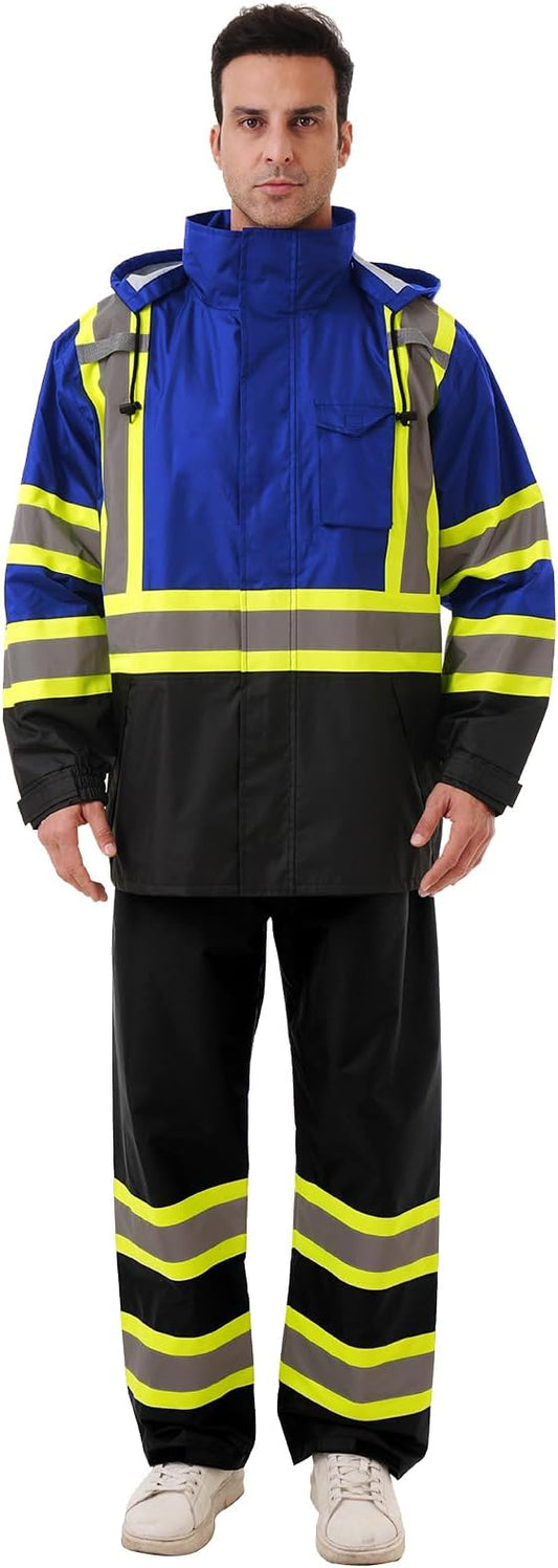 Hi Vis Safety rain Jacket，Reflective Class 3 Rain coat with Inner Mesh Lining and Pockets High Visibility Waterproof work Rain Suits for men&women（Blue,2XL/3XL）