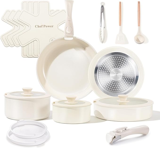 Chef Power Ceramic Cookware Set Non Toxic with Detachable Handles, Healthy Nonstick Pans and Pots Set 19 Pcs, Induction Dishwasher Oven Safe Kitchen Set, PFAS PFOA & PTFE Free, Cream White