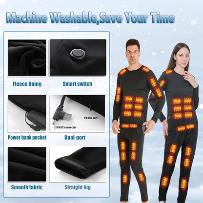 Heated Thermal Underwear for Men Women USB 42 Zone Intelligent Heated Thermals top and Heated Pants Set & XS-4XL