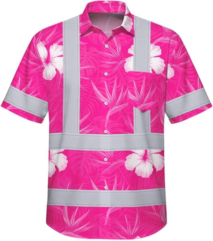 High Visibility Hawaiian Shirt for Men Tropical Shirts Custom Name Floral Outfit Reflective Safety Workwear