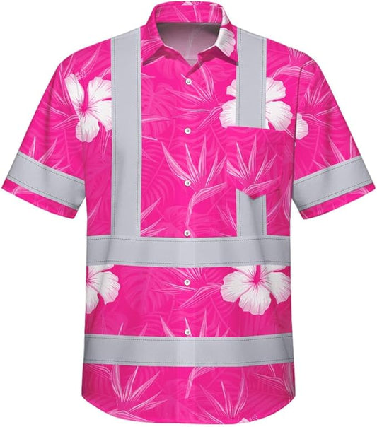 High Visibility Hawaiian Shirt for Men Tropical Shirts Custom Name Floral Outfit Reflective Safety Workwear