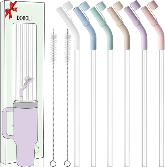 Doboli 6 Pack Reusable Drinking Long Straws with Silicone Tips,Compatible with Stanley 40 oz 30 oz Cup Tumbler,6 Clear Plastic Straws, 6 Silicone Tips, 2 Straw Cleaning Brush