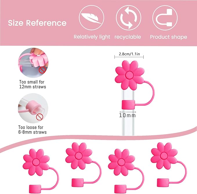 4PCS Silicone Straw Covers Toppers for Stanley Cups 30&40 Oz Tumbler Accessories Flower Straw Caps Rose Red Dust-Proof Reusable Straws Tips Protectors for Stanley Cup 10mm 0.4in Straws
