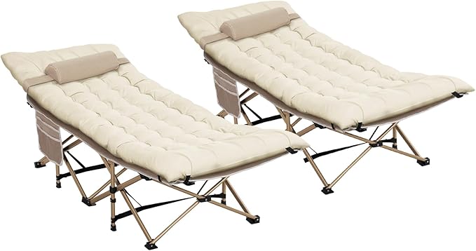 2 Pack Wide Folding Camping Cots with Pillow & Extra Thick 3 Inch Matress, Cots for Sleeping 900 LBS, Camping Bed for Adults with Cushion, Sleeping Cot (Cream)