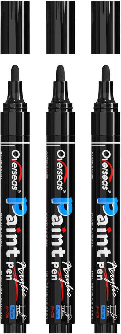 Overseas Black Paint Pens Paint Markers - Permanent Acrylic Markers 3 Pack, Water Based, Quick Dry, Waterproof Marker Pen for Rock, Wood, Plastic, Metal, Canvas, Glass, Fabric, Mugs. Medium Tip