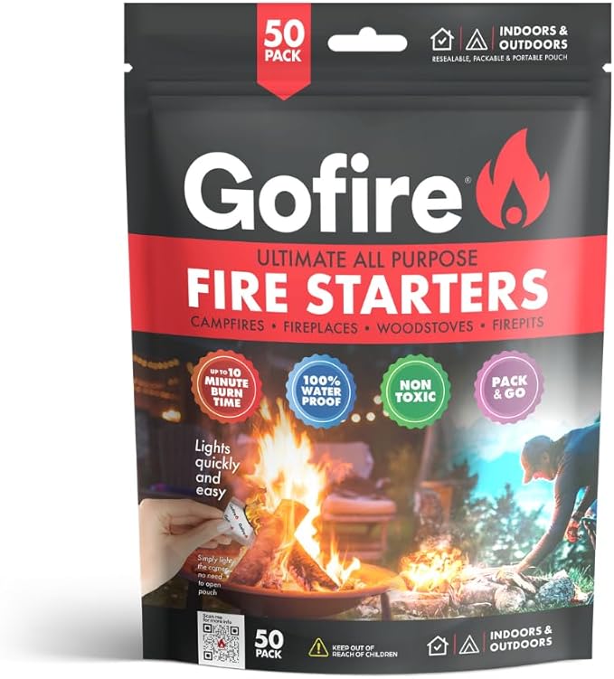 GOFIRE Travel Fire Starter for Camping, Hiking, Backpacking | Uses: Grill, Campfire, Fireplace, Wood Stove | All Purpose, Portable, Waterproof | Heat During Cold Rain & Snow | 50 Pieces