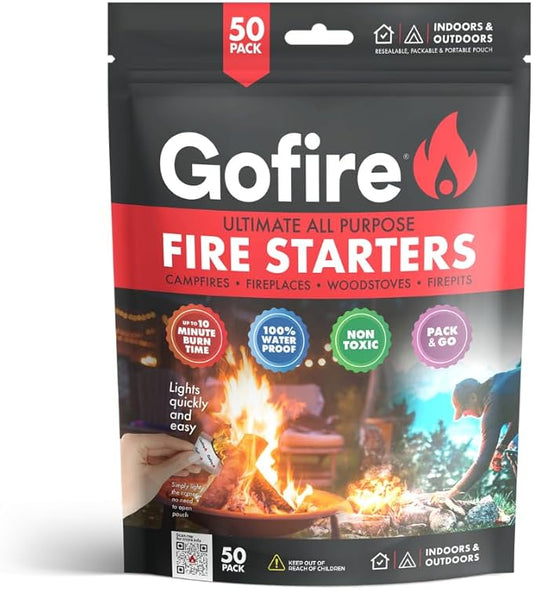 GOFIRE Travel Fire Starter for Camping, Hiking, Backpacking | Uses: Grill, Campfire, Fireplace, Wood Stove | All Purpose, Portable, Waterproof | Heat During Cold Rain & Snow | 50 Pieces