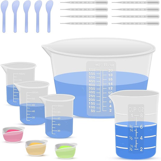 Silicone Resin Mixing Measuring Cups for Resin Supplies, 600ml/20oz Bowl, 250 & 100ml Thickened Reusable Silicone Cups for Epoxy Mixing, with Stir Sticks and Pipettes, Jewelry Making