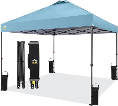 CROWN SHADES 10x10 Pop Up Canopy Tent - Patented Center Lock One Push Instant Outdoor Canopy Beach Tent with STO-N-Go Bag 8 Stakes & 4 Sand Bags，Cyan Blue