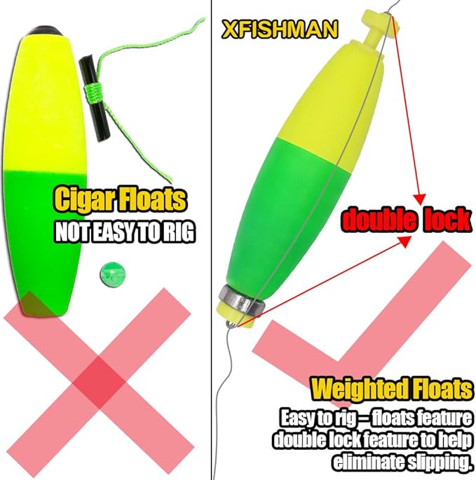 XFISHMAN Weighted-Bobbers-for-Fishing-Floats-Bouy Slip Bobber Fishing Corks Kit Crappie Bluegills Panfish Catfish Hand Made Foam Float 1 Inch 2 in 8-12 Pack