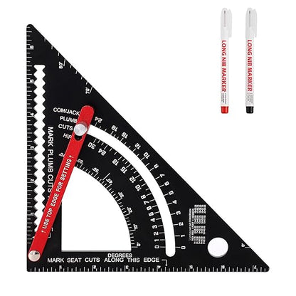 Carpenter Square 7 inch, Aluminum Adjustable Rafter Framing Square, Multifunction Woodworking Measuring Tools, Combination Square Angle Carpentry Triangle Ruler with 2 Pencils