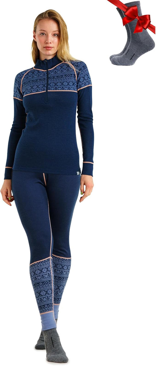 Merino.tech Women’s Merino Wool Base Layer Set - Zip-Up Heavyweight, Midweight Thermal Top & Bottom