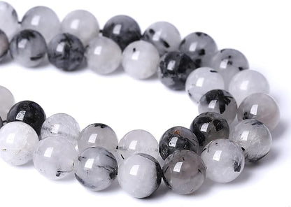 8MM 45PCS Natural Crystal Stone Black Rutile Quartz Gemstone 2A Grade Loose Beads for Jewelry Making DIY Bracelet Necklace Semi Precious Beads 1 Strand