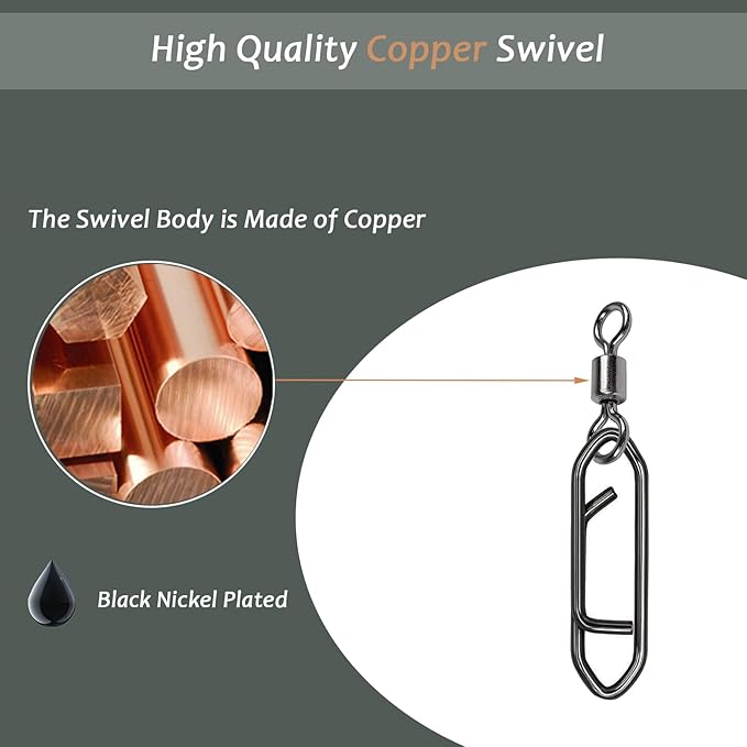 QISHUO Stainless Steel Fishing Swivels Lure Tackle Clips Snap Swivels Strength Barrel Saltwater Swivel Fishing Rolling Black Nickel