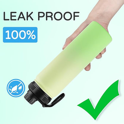DOMICARE Insulated Water Bottle, 22 oz Vacuum Insulated Stainless Steel Reusable Sports Bottle with Straw Lid & Spout Lid for Travel, Camping, Bike, Leakproof, Green Gradient, 8 Pack