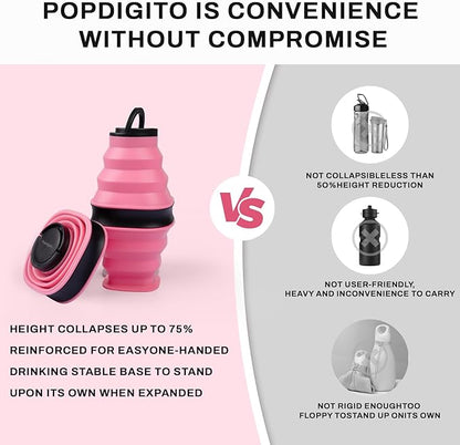 Collapsible Water Bottles with Anti-Collapse Ring,600ml Foldable Water Bottle BPA Free Reusable Lightweight LeakProof Silicone for Travel Hiking Camping Gym Sports，Collapses to 1.5” Pink