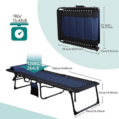 Outdoor Folding Lounge Chair Padded for Adults 264Ibs Patio Chaise Lounge Chair for Outside Adjustable 5-Position Reclining Beach Chair with Pillow Pocket