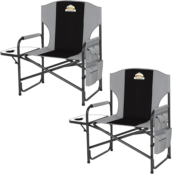 Oversized Directors Camping Chair Set of 2 Support 600 LBS, Heavy Duty Folding Outdoor Chairs with Detachable Side Pocket and Adjustable Side Table for Outside Beach,Lawn,Fishing (Black)