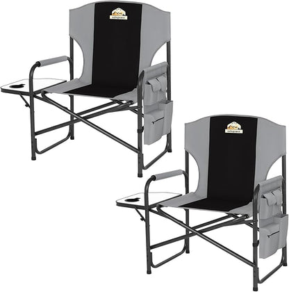 Oversized Directors Camping Chair Set of 2 Support 600 LBS, Heavy Duty Folding Outdoor Chairs with Detachable Side Pocket and Adjustable Side Table for Outside Beach,Lawn,Fishing (Black)