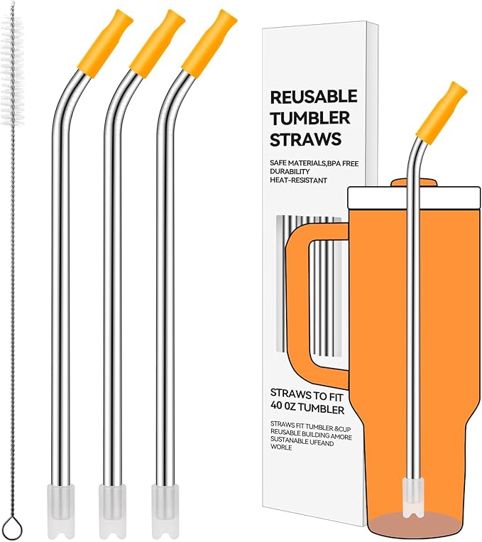 Reusable Stainless Steel Straws with Silicone Tip for Stanley 40oz, Metal Drinking Straws for 40oz Tumbler,3 Bent Tubes & 6 Tips& 1 Cleanr Brush (Goldenrod)