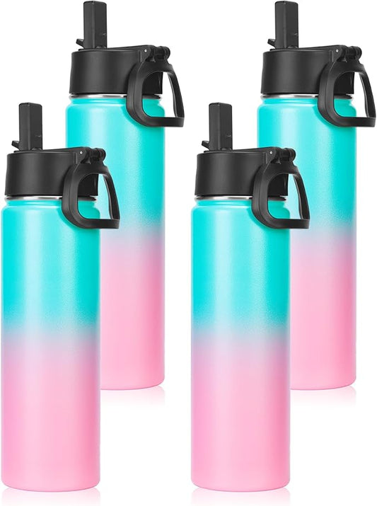 Neihepal 22 oz Insulated Water Bottles Bulk, Double Walled Vacuum Stainless Steel Water Bottle Multipack with Leak Proof Straw Lid for Men, Adults, Kids, Gym, Sports (Green Pink,4 Pack)