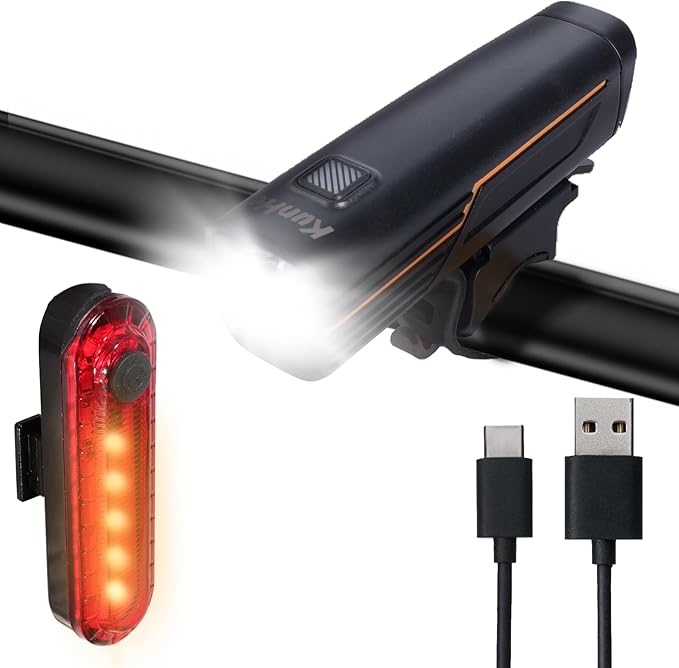 KunHe 227 Lumens 1600mAh Bike Light Set (1or2or4 or 8 Packs) Rechargeable Front & Rear Bicycle Lights with IPX4 Waterproof 4 Modes for Night Cycling