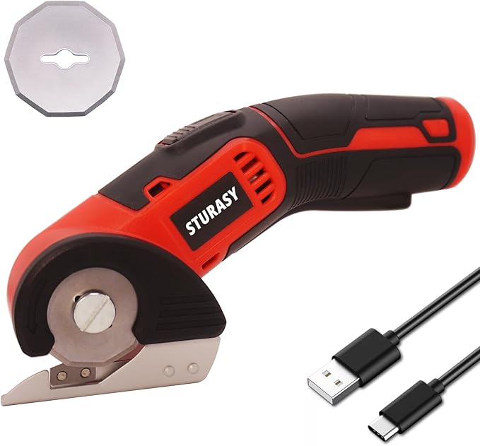 Cardboard Cutter with Safety Lock, Red Cordless Electric Scissors Two Blades, Rechargeable 4V 2000mAh Electric Rotary Cutter for Cardboard, Fabric, Carpet, Leather, Paper, Plastic, Packages
