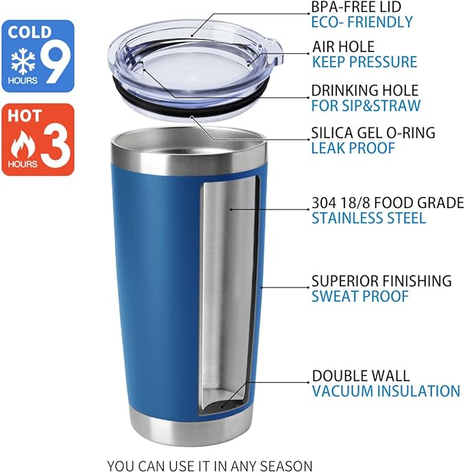 HASLE OUTFITTERS 20oz Tumblers Stainless Steel Mugs with Lid Double Wall Vacuum Insulated Coffee Cups for Cold & Hot Drinks (20oz-Dark Blue, 8 Pack)