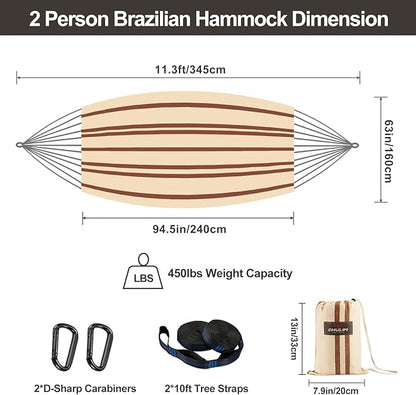Brazilian Double Hammock with Tree Straps,Extra Large 94x63IN,2 Persons Hammock for Backyard Patio Outdoor and Indoor,450lbs Weight Capacity,Soft Woven Cotton Fabric - Beige Brown Stripe