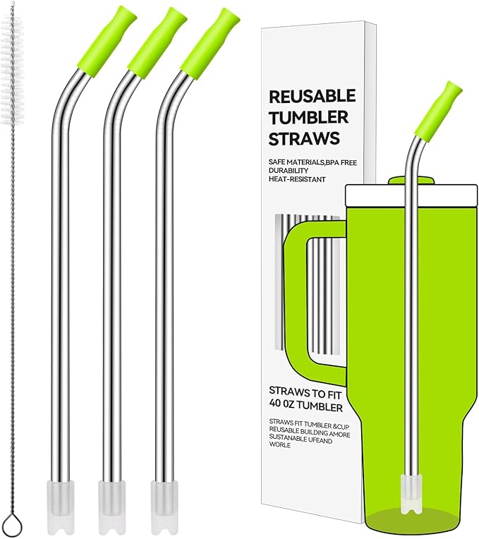 Reusable Stainless Steel Straws with Silicone Tip for Stanley 40oz, Metal Drinking Straws for 40oz Tumbler,3 Bent Tubes & 6 Tips& 1 Cleanr Brush (Bright Lime)