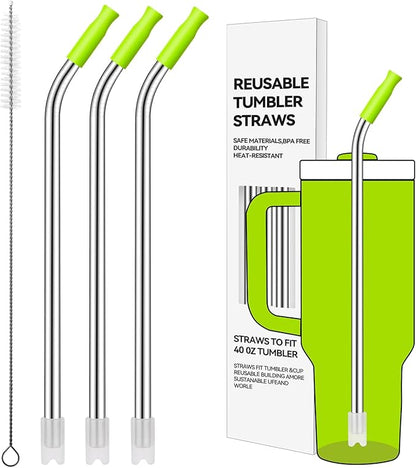 Reusable Stainless Steel Straws with Silicone Tip for Stanley 40oz, Metal Drinking Straws for 40oz Tumbler,3 Bent Tubes & 6 Tips& 1 Cleanr Brush (Bright Lime)