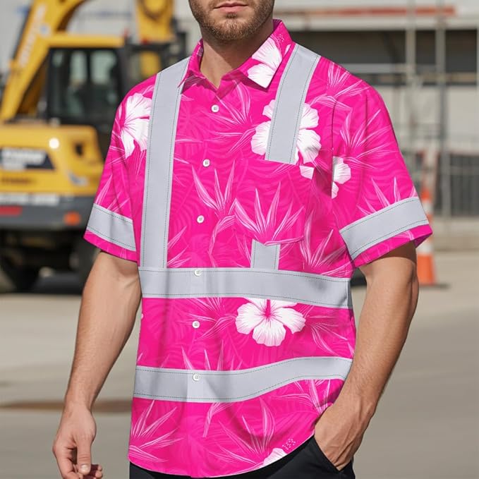 High Visibility Hawaiian Shirt for Men Tropical Shirts Custom Name Floral Outfit Reflective Safety Workwear