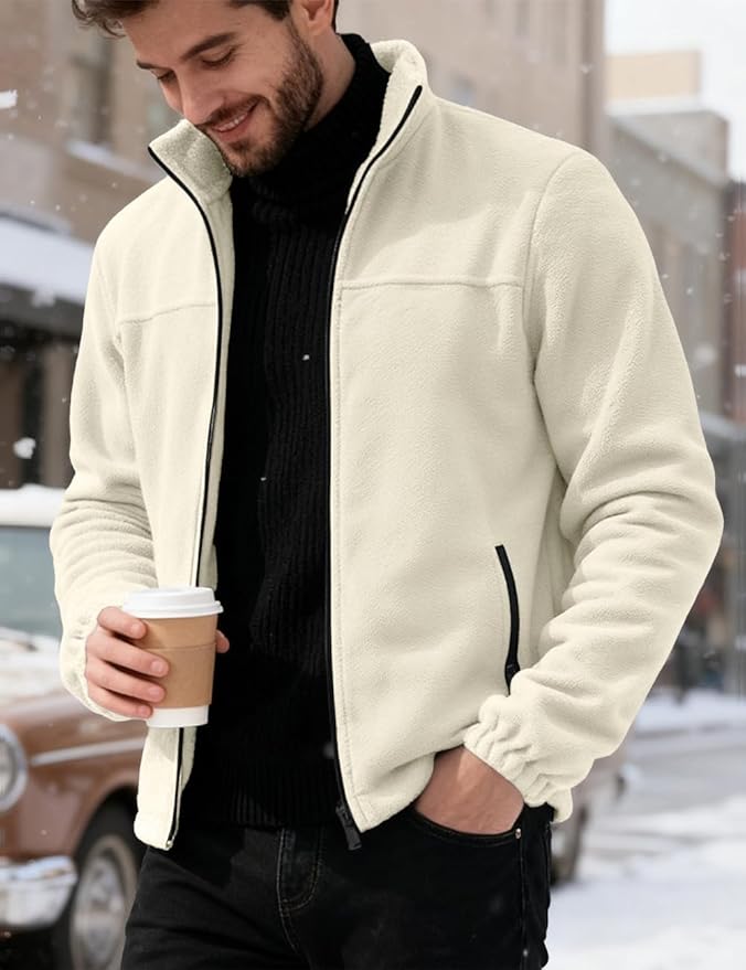 Mens Polar Fleece Jacket Full Zip Lightweight Casual Outdoor Jackets Stand Collar Warm Coats with Pockets