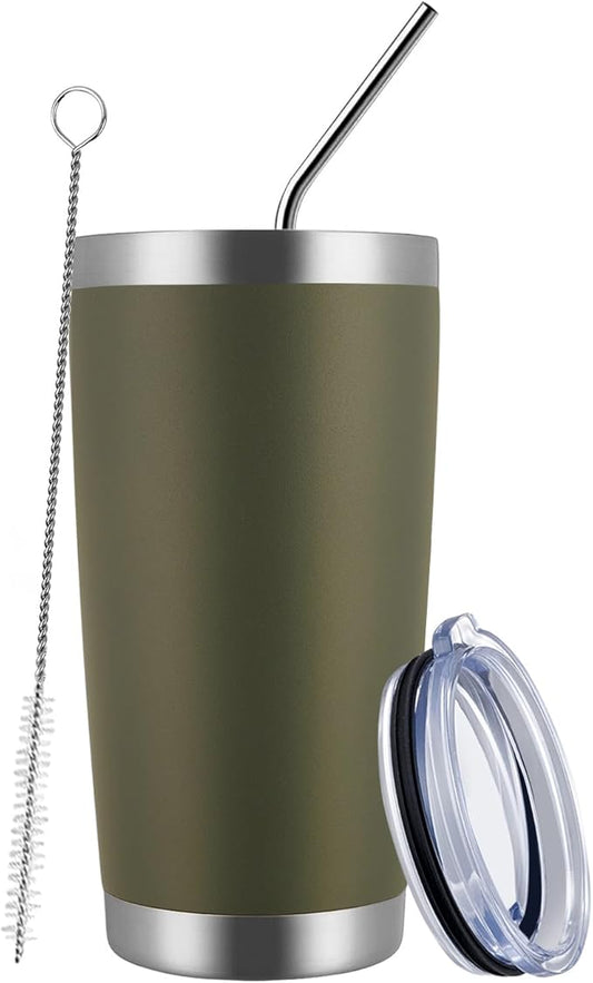 MEWAY 20oz Tumbler Cup Double Wall Vacuum Insulated Travel Mug Bulk, Stainless Steel Tumblers with Lid and Straw, Durable Powder Coated Coffee Cups for Cold & Hot Drinks (Army Green, 1)