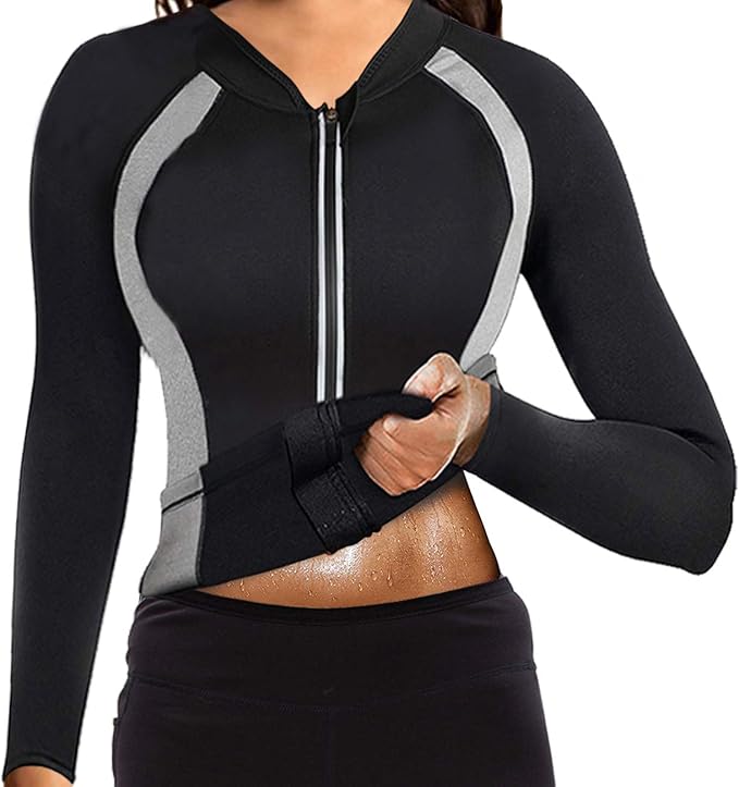 NonEcho Women Sauna Suit Waist Trainer Jacket Hot Sweat Top Neoprene Body Shaper Workout Suit Running Cycling Jersey Black