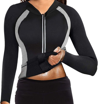 NonEcho Women Sauna Suit Waist Trainer Jacket Hot Sweat Top Neoprene Body Shaper Workout Suit Running Cycling Jersey Black
